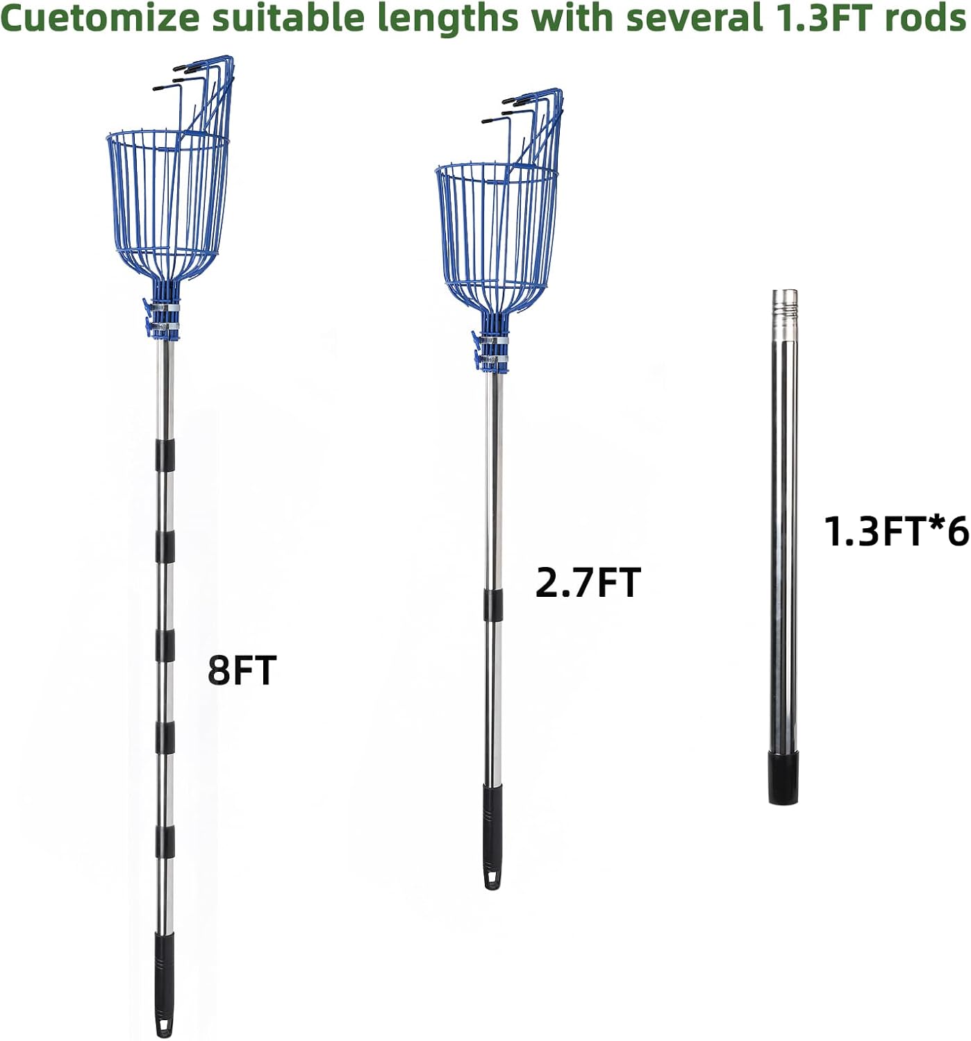 8FT Fruit Picker with Large Basket Telescoping Fruit Picker Pole Foam Padding Prevents Bruising Suitable for Apples Mangoes Pears Oranges Avocados, Blue (Pole Included)