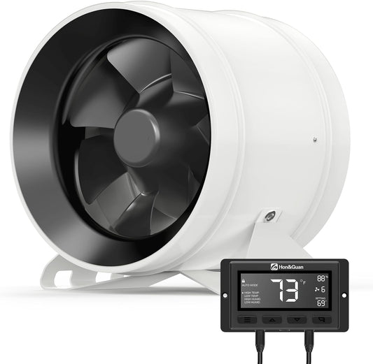 Hon&Guan PRO 8 Inch Inline Duct Fan - 830 CFM with Quiet EC Motor & Temperature Humidity Smart Controller, Ventilation Exhaust Fan for Heating Cooling, Grow Tents, Hydroponics (White&Black)