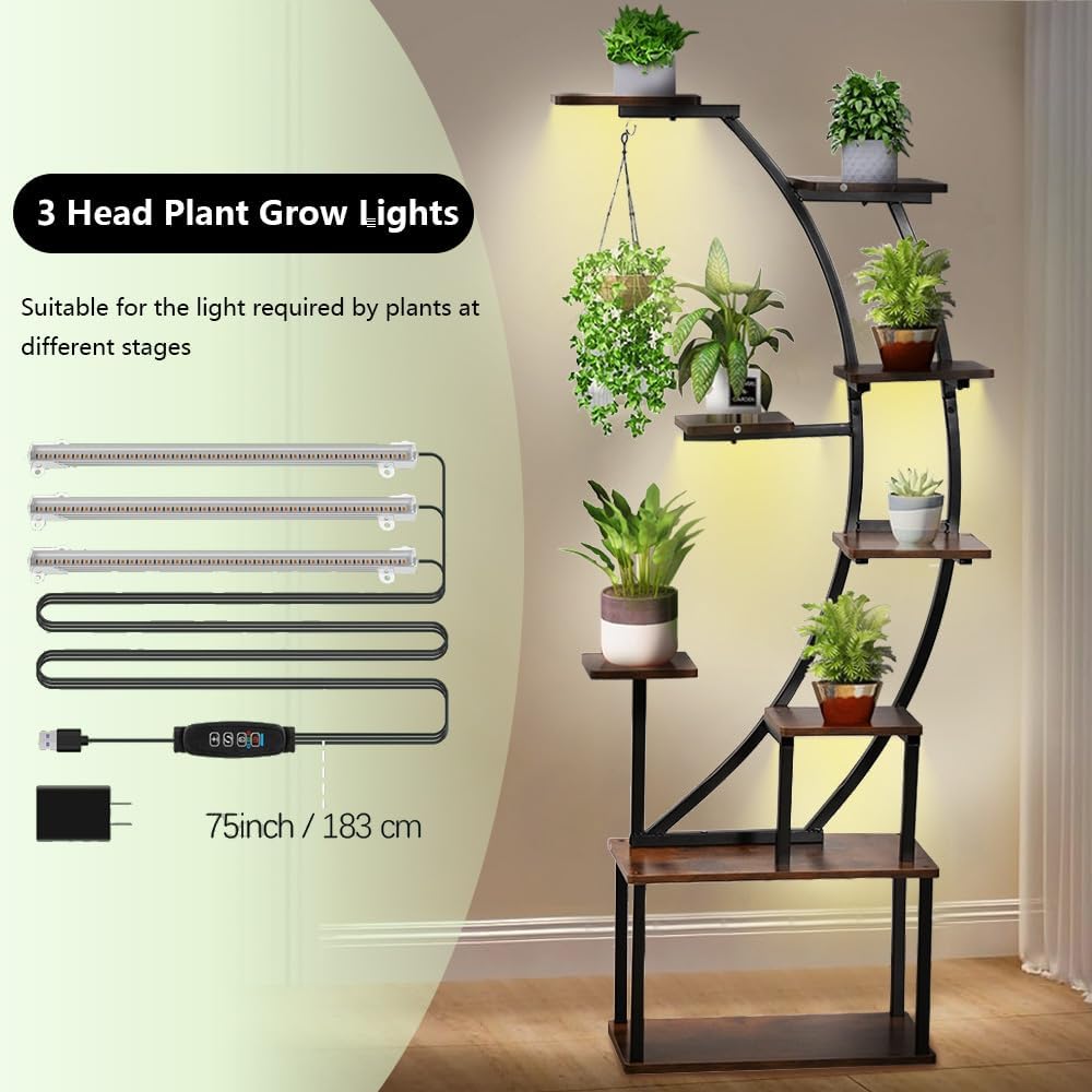 VINCIGANT Black Metal Plant Stand with Grow Light, 9 Tiered Shelf, 60" Corner Plant Holder for Living Room, Home, Patio, Balcony