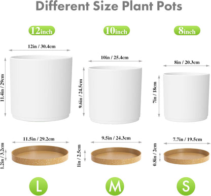 12/10/8 inch Large Plant Pots, 3 Pack Tall Deep Cylinder Flower Pots for Outdoor Indoor Plants, Plastic Planters with Drainage Holes and Saucers for Garden House Plants, Black with Brown