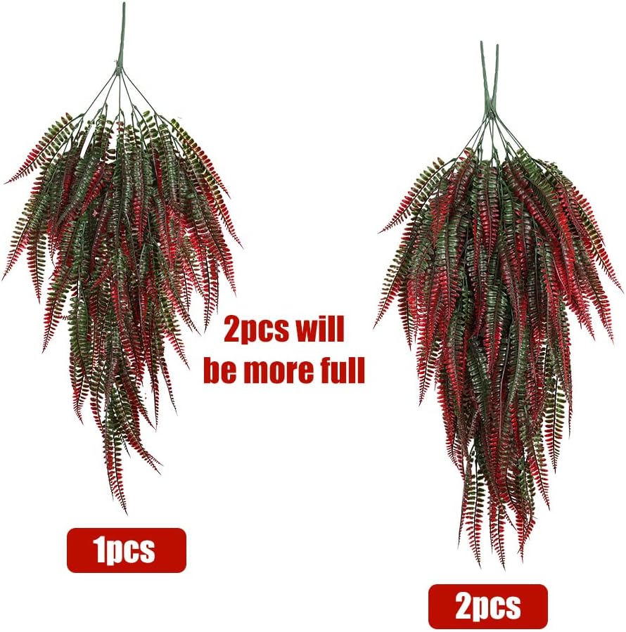 RECUTMS 4Pcs Artificial Boston Fern UV Resistant Fake Hanging Plants Greenery Plastic Ivy Leaves Faux Vines for Wall Garden Wedding Indoor Outdoor Decor (Red)