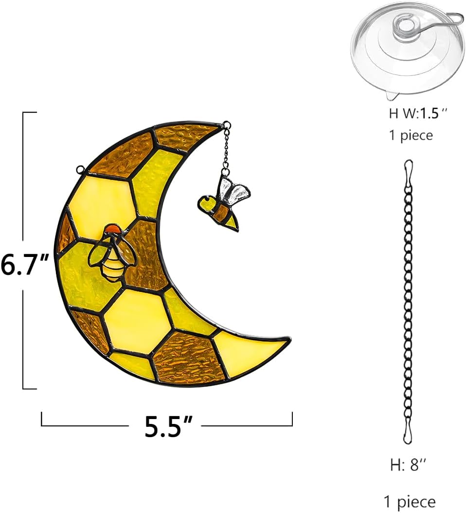 Bee Stained Glass Suncatcher for Window,Honeycomb Stained Glass Window Hanging Moon Decor,Bee Gifts for Women,Bee Lovers,Housewarming Gift,Honeybee Decor for Birthday Party