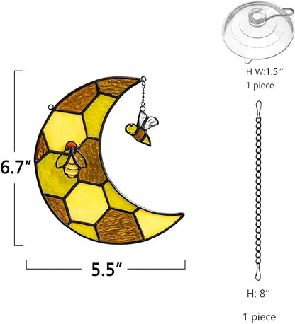 Bee Stained Glass Suncatcher for Window,Honeycomb Stained Glass Window Hanging Moon Decor,Bee Gifts for Women,Bee Lovers,Housewarming Gift,Honeybee Decor for Birthday Party
