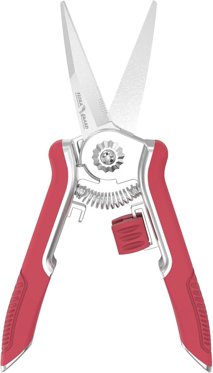 FLORA GUARD 6.5-Inch Floral Scissors, Zinc Alloy with Rubber Handle, Toothed Blade for Quick Cutting, Suitable for Flower Placement, Plant Pruning, Rose or Fruit Picking (Red)
