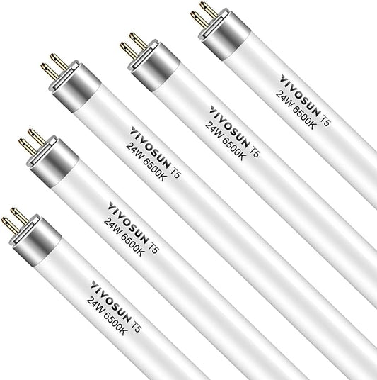 VIVOSUN T5 Grow Light Bulbs 2 Ft 22 Inches, 24W 6500K HO Fluorescent Tubes Light Bulbs, Cool White T5 Bulb for 22 Inches T5 Light Fixtures, T5 Grow Lights for Indoor Plants, 2 Ft 24W Pack of 5