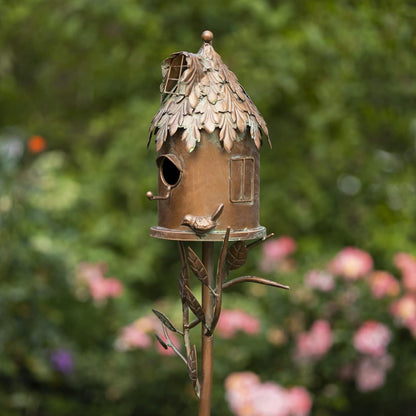 Copper Color Bird House Garden Stake with Ornate Style Roof (Cylinder House)