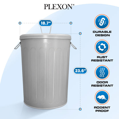 Plexon Large Metal Trash Can with Lid 20 Gallon, Decorative Outdoor Trash Can Heavy Duty Galvanized Metal Bucket with Lid for Garage Workshop Ash Storage Farmhouse, Gray