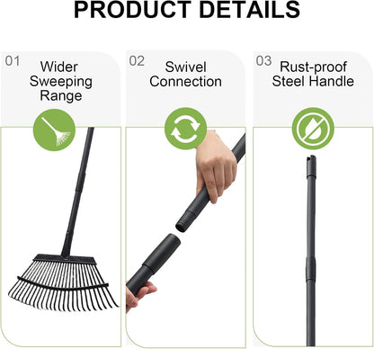 Rake for Leaves, 25 Metal Tines Wide Leaf Rake, 60'' Leaf Rakes for Lawns with Adjustable Steel Handle for Camping Flower Beds Mulch Shrub, Black