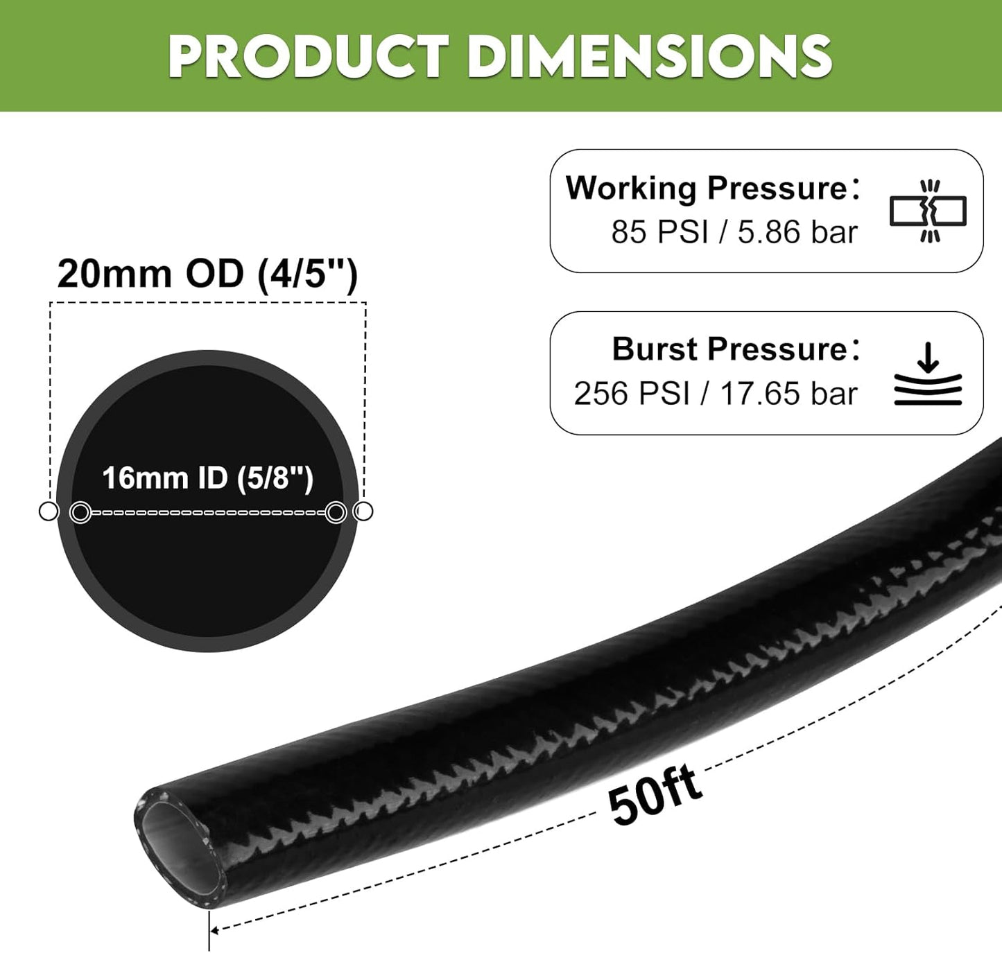 50ft 5/8” PVC Garden Hose, Black High Strength Flexible Water Hose-Versatile for Gardening, Agriculture, Industrial, Construction & Household Applications