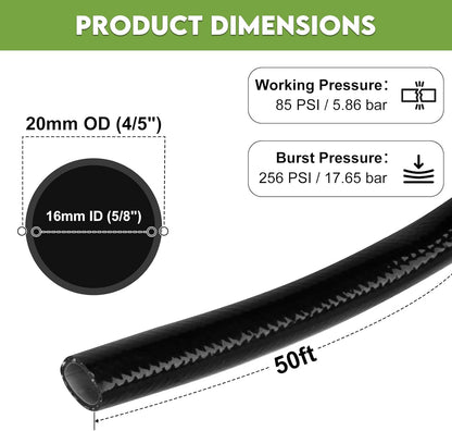 50ft 5/8” PVC Garden Hose, Black High Strength Flexible Water Hose-Versatile for Gardening, Agriculture, Industrial, Construction & Household Applications