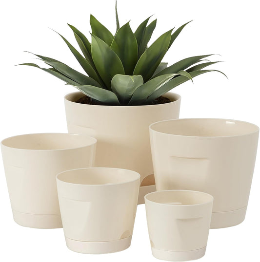 5 Pack Plastic Planters with Drainage, Self Watering Pots for Indoor Plants, Small Cute Plastic Pots in 5 Sizes, Ideal for Indoor Plants (Cream White)