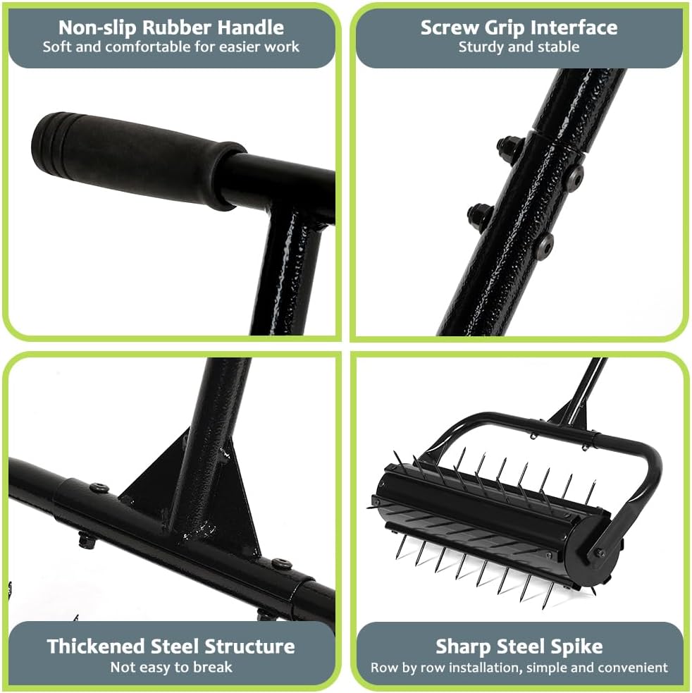 KELIXU Lawn Aerator Tool, 22” Manual Lawn Aerators Roller, Heavy Duty Rolling Lawn Air Aerator Tool with Spike Row, 57.9” H Grass Lawn Aeration Tool, Yard Tools for Garden, Cropland to Loose Soil