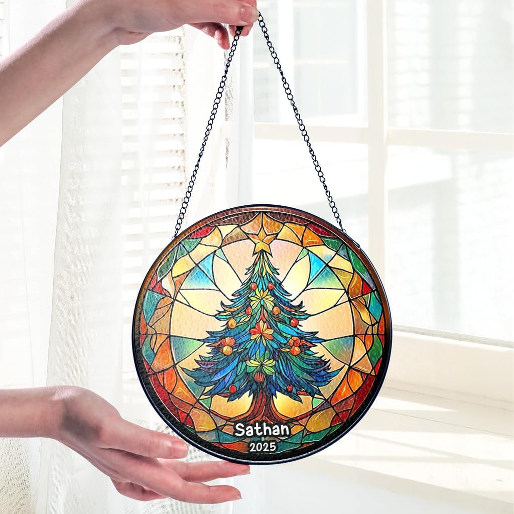 Personalized Stained Glass Christmas Tree Suncatcher, Christmas Handcraft Holiday Ornament with Name and Number, Gift for Family or Friend, Gift for Décor