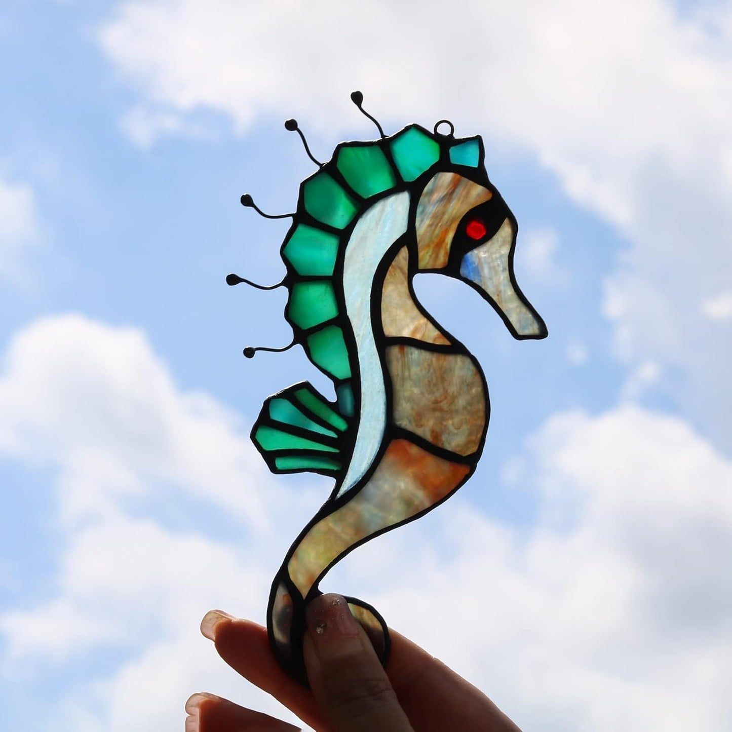 Seahorse Decor Stained Glass Window Hanging,Sea Nautical Gift Suncatcher Hanging Ocean Theme Decor for Living Room,Bathroom,Kitchen,Birthday Gifts for Mom,Women