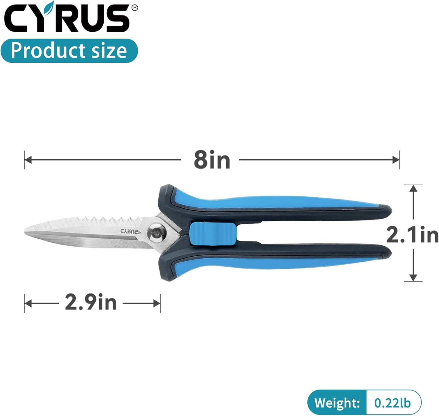 CYRUS Pruning Shears 8" Hand Gardening Scissors Extended Straight Carbon Blades Trimming Precision Bud Scissors with Sharp Serrations Widely Used for Gardening, Hydroponics, Grow Tents-CYRUS