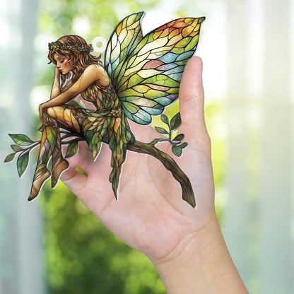 Stained Glass Fairy Ornament – Acrylic Suncatcher Window Hanging, Woodland Fantasy Decor, Christmas Tree Ornament 2025, Car Rearview Mirror Charm, Gift for Fairy Lovers, Women, Girls, Teachers(Sun-10)