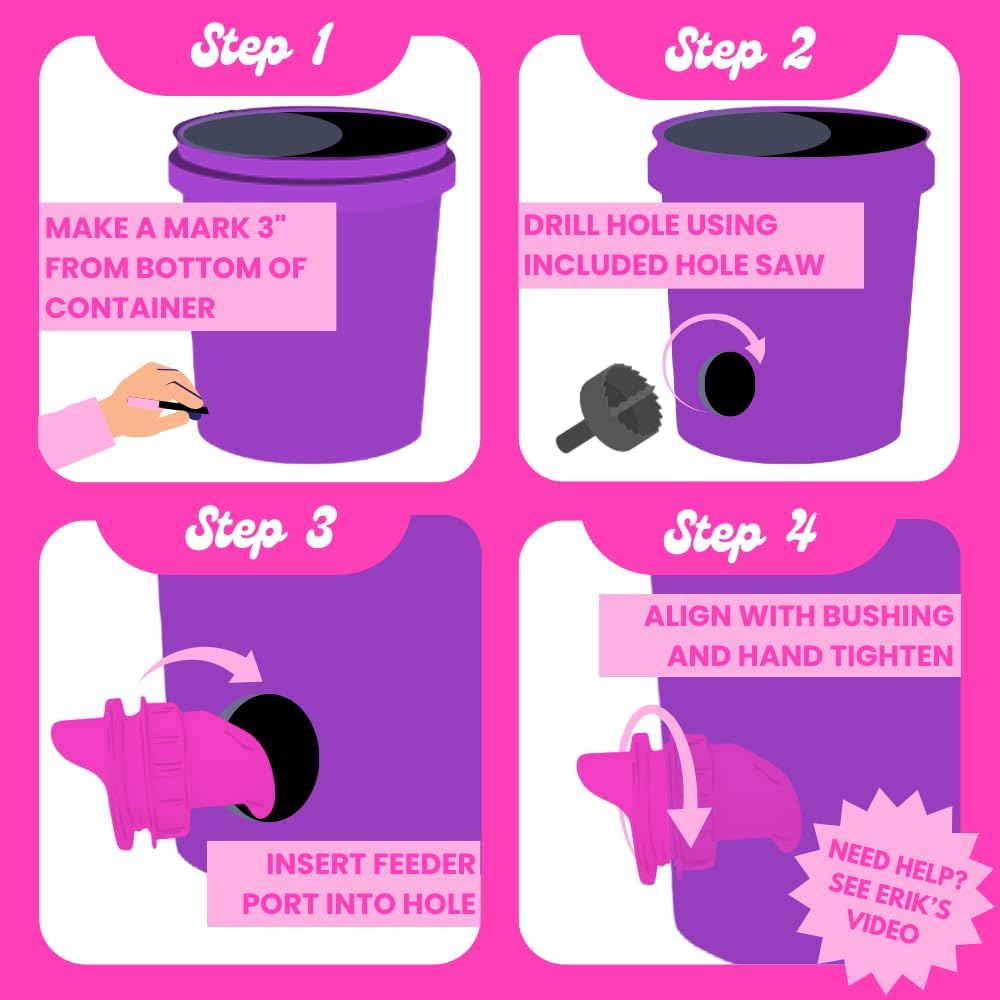 Hot Chicks Only | The Original Pink Poultry Pro Feeder DIY Port PVC Gravity Fed Chicken Feeder 3 Ports and Hole Saw | Rain Proof, Weather Resistant Chicken Feeder (Hot Chick Feeder Kit)