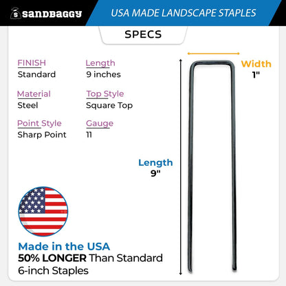 Sandbaggy USA Made 9-inch Landscape Staples - Garden Stakes - Landscaping Fabric, Netting, Sod, Artificial Turf (11 Gauge, 500, Count)