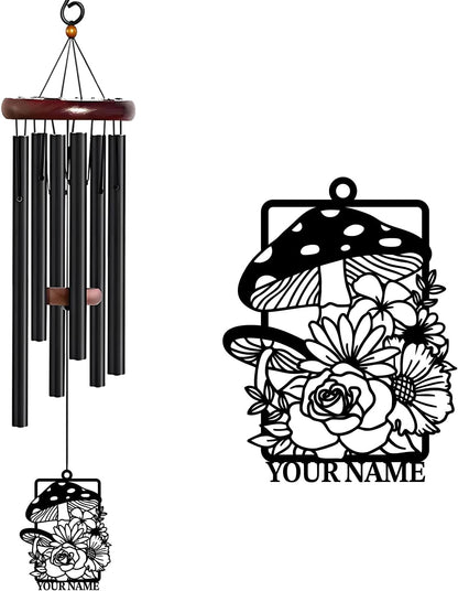 Personalized Customize Name Fantasy Mushroom Wonderland Wind Chime, Metal Iron 37 Inch Outdoor Memorial Gift for Garden Yard Patio Home Decor, Black (Style H)