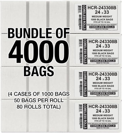 Aluf Plastics High Density Trash Bags, 16 Gallon, 4000 Count, 8 Micron (eq), 24" x 33", Black, for Bathroom, Office, Industrial, Commercial, Janitorial, Municipal, Recycling