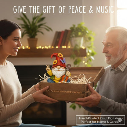 Peace Sign Garden Gnome Figurine Outdoor Statue, Funny Guitar Playing Dwarf Rock Music Decor - 6‘’ Resin Lawn Ornament, Unique Housewarming Gift for Music Lovers & Gardeners (Red)