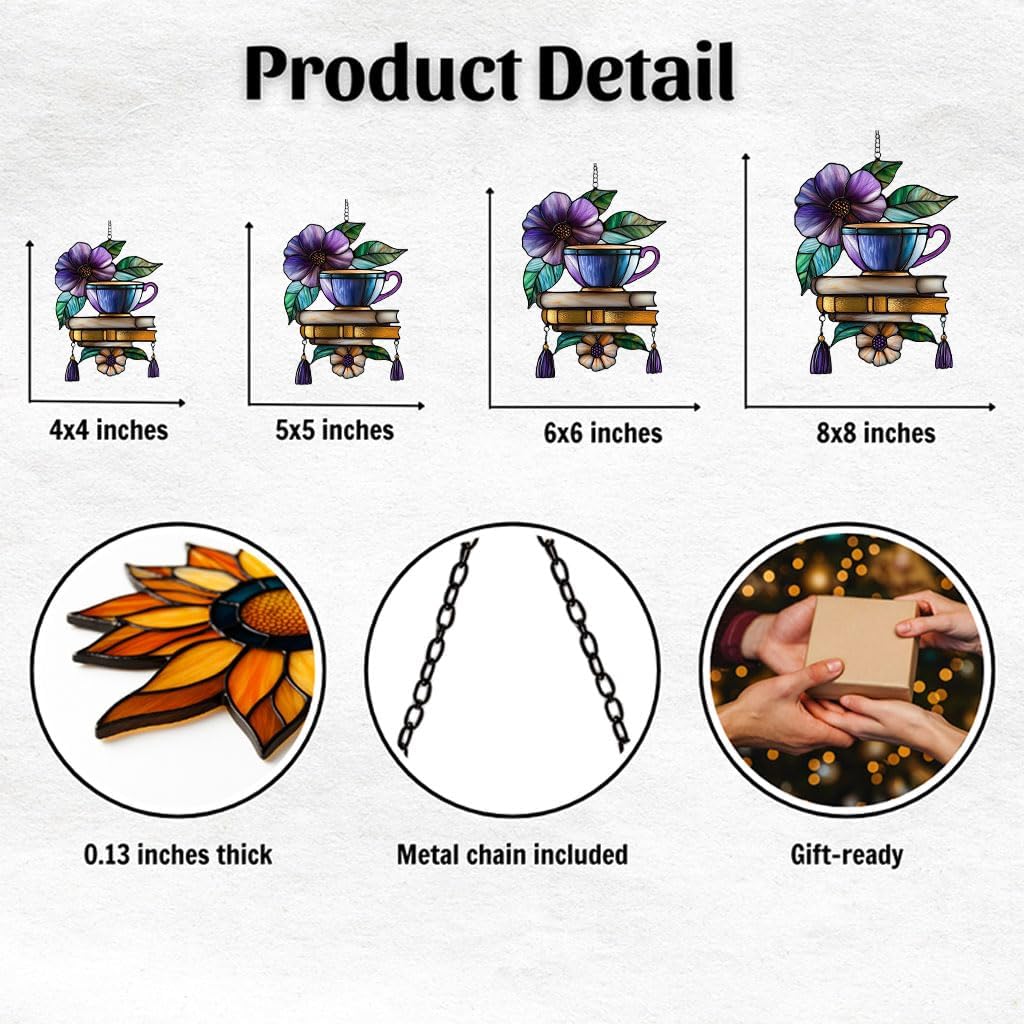 Hibiscus Tea Cup and Books Acrylic Suncatcher Stained Glass Effect Window Car Hanging Christmas Ornament Indoor Outdoor Decor Garden Sun Catcher Panel for Book Lover for Women Mom Grandma