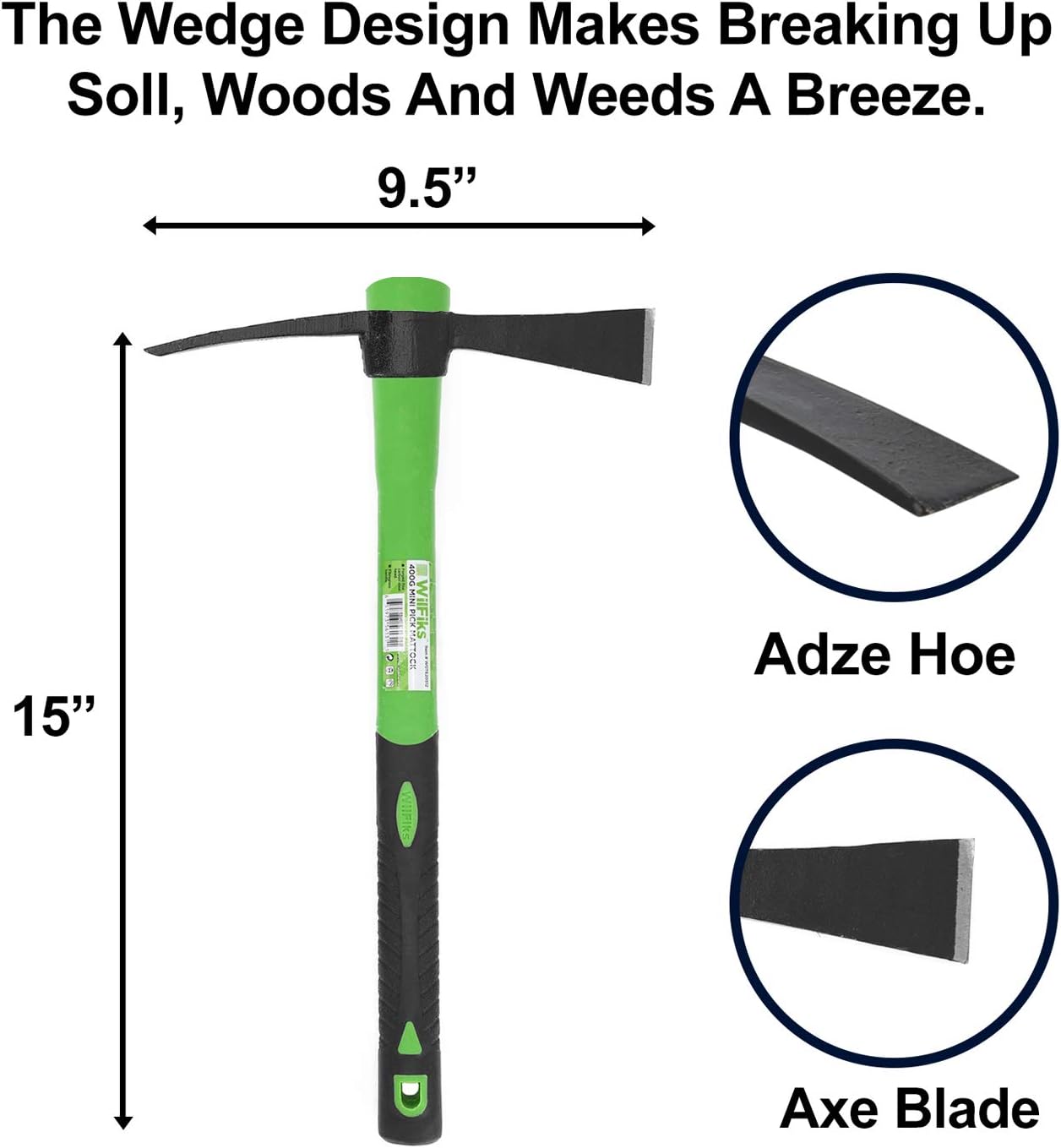WilFiks Cutter Mattock, 15" Heavy Duty Pick Axe with Forged Heat Treated Steel Blades, Adze Hoe for Weeding, Prying and Chopping, Digging Tool with Anti-Slip Grip, Ergonomic Shock Reduction Handle