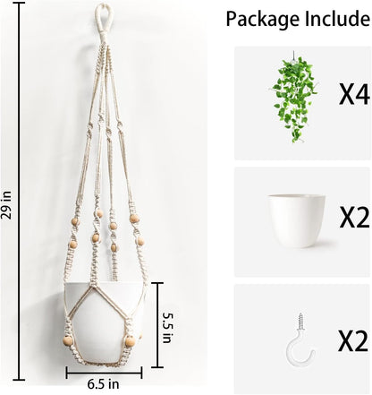 2 Packs Fake Hanging Plant with Pots for Home Decor Artificial Hanging Basket Plants Macrame Plant Hanger with Faux Vines Greenery for Bedroom Bathroom Room Wall Boho Decor Indoor Outdoor