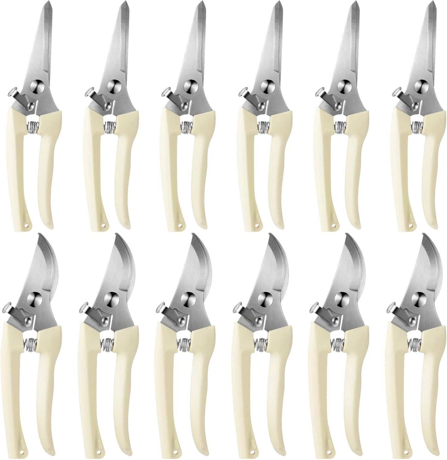 Therwen 12 Pcs Garden Shears Flower Scissors Pruning Shears Floral Garden Clippers Hand Pruners Branch Cutter Gardening Tools for Plants Cutting, Trimming, Fruits Picking (Beige,Bypass, Straight)