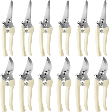 Therwen 12 Pcs Garden Shears Flower Scissors Pruning Shears Floral Garden Clippers Hand Pruners Branch Cutter Gardening Tools for Plants Cutting, Trimming, Fruits Picking (Beige,Bypass, Straight)