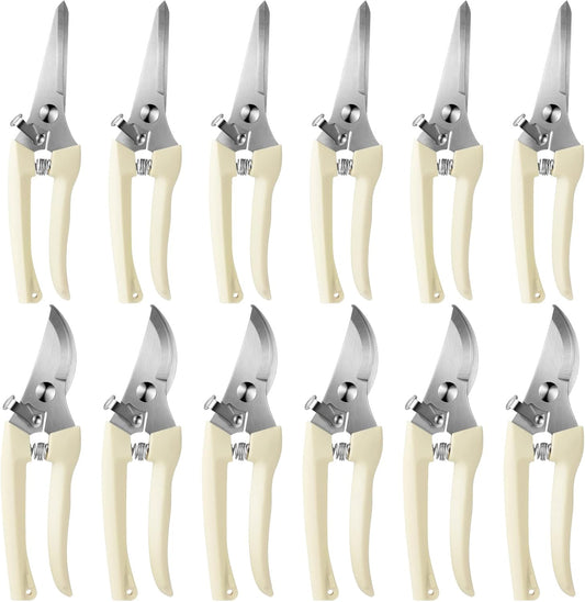 Therwen 12 Pcs Garden Shears Flower Scissors Pruning Shears Floral Garden Clippers Hand Pruners Branch Cutter Gardening Tools for Plants Cutting, Trimming, Fruits Picking (Beige,Bypass, Straight)