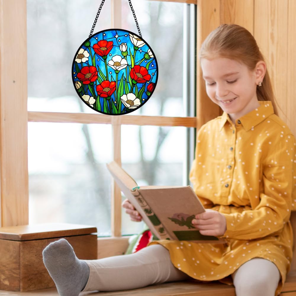 Red Flower Stained Glass Window Hanging, Bloom Suncatcher Panel for Indoor Outdoor Window Decoration, Glass Hanging Ornament for Garden Wall, Floral Ornament Gifts for Wedding, Birthday, Housewarming
