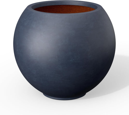 Kante Round Concrete Flower Pot, 11 Inch Dia (7.9" Opening) Sphere Shape Design Planter with Drainage Hole and Rubber Plug for Indoor & Outdoor Plants, Charcoal Finish with Warm Brown Interior