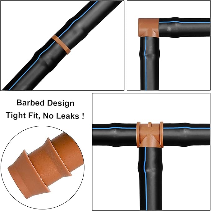 JAYEE 24P Drip Irrigation Fittings Kit for 1/2" Tubing (.600 ID), 17mm Parts- 6 Tees, 6 Couplings, 6 Elbows,6 End Cap Plugs- Barded Connectors for Rain Bird Pipe and Sprinkler Systems (24 Pieces Set)