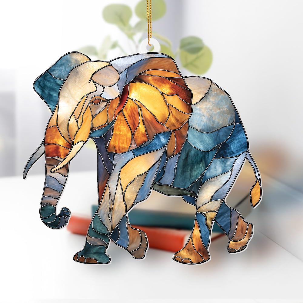 Elephant Ornament Stained Glass Style Acrylic – Window Hanging Suncatcher, Elephant Gifts for Women, Wildlife Animal Decor, Rearview Mirror Ornament, Holiday Christmas Tree Decorations(Sun-27)