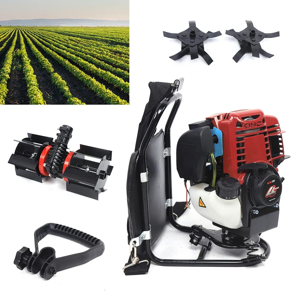 3 in 1 Multi-Function Tiller Cultivator 35.4CC 4 Stroke Backpack Brush Cutter,Gas Powered Hedge Trimmer Air-Cooled Single Cylinder Digging Tool for Garden, Yard and Farm Remove Weeds Soil Cultivation