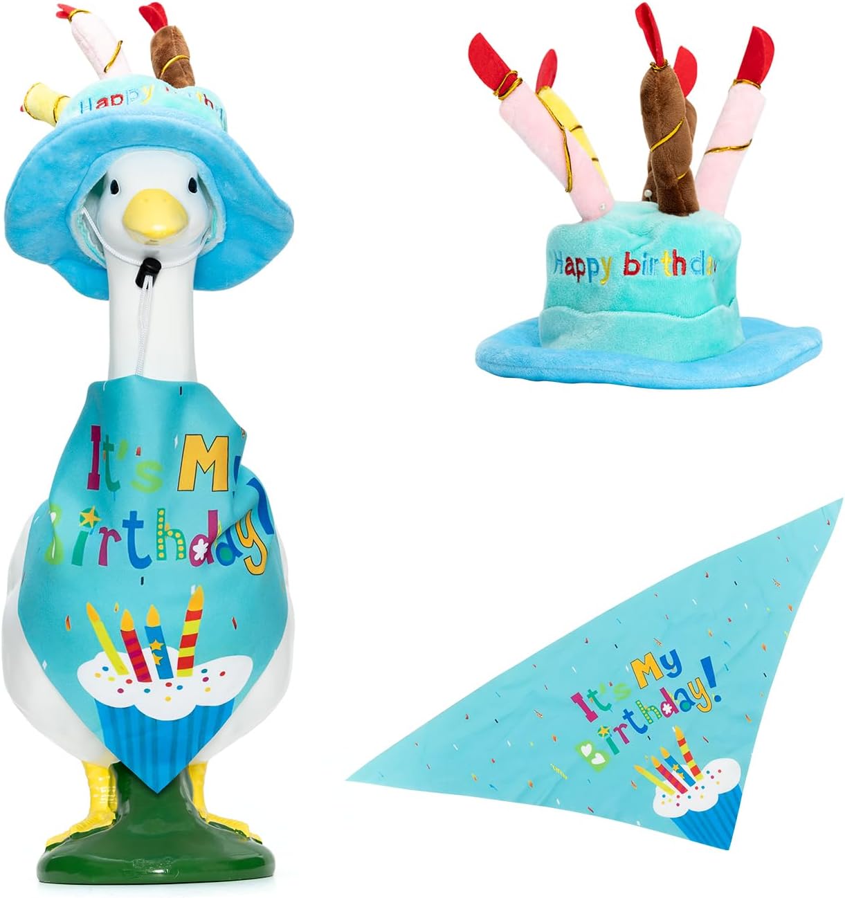 2 Set Porch Goose Outfits Hawaiian Summer Costume with Straw Hat and Glasses and Happy Birthday Outfit with Cake Hat and Bandana for 23" 17" Cement Plastic Goose Duck Lawn Decorations