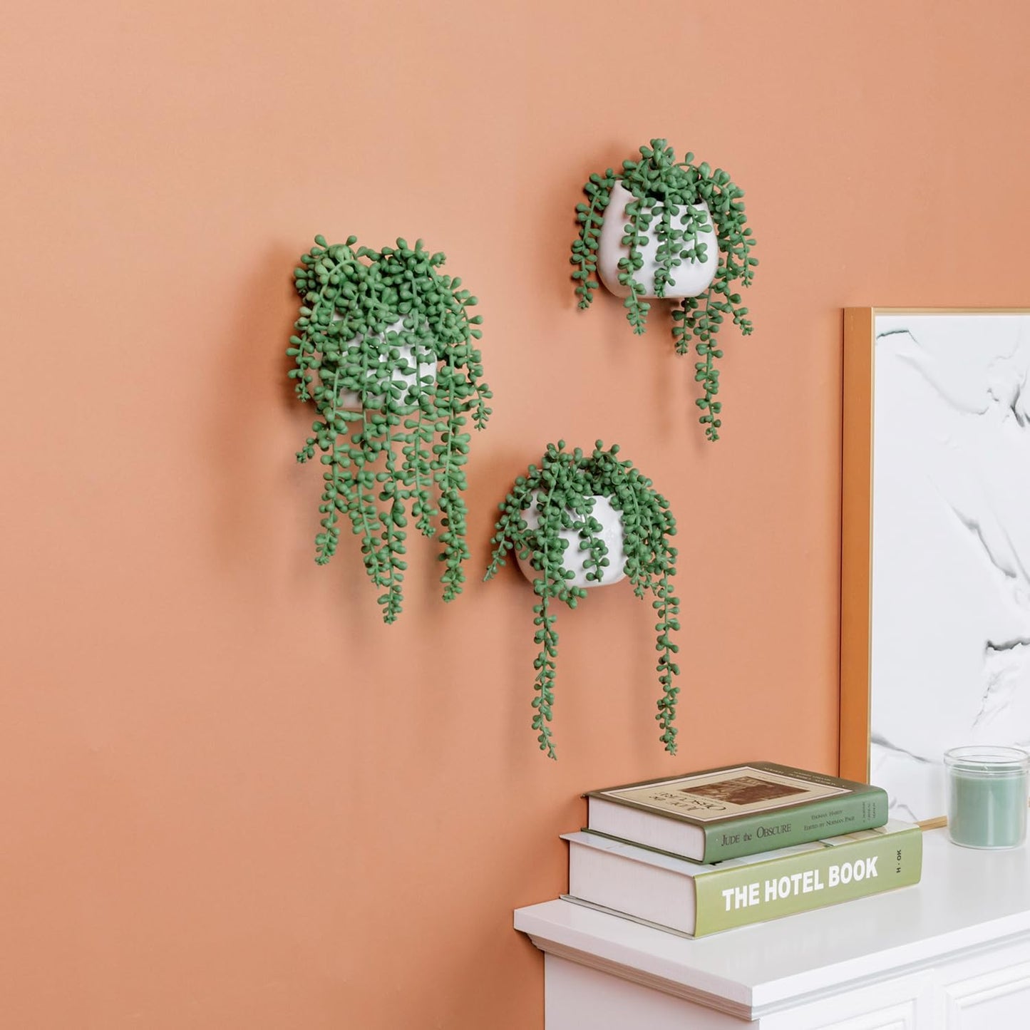 MyGift Artificial Faux String of Pearls Plants in White Ceramic Wall Hanging Planter Pot with Jute Rope, Set of 3