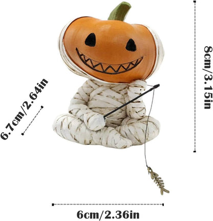Fishing Pumpkin Head Mummy Statue Funny Halloween Decorations, 3.15 Inch Cute Sitting Figurine Shelf Sitter Resin Sculpture for Outdoor Garden Yard Lawn Pond Waterfalls Pool Ornaments