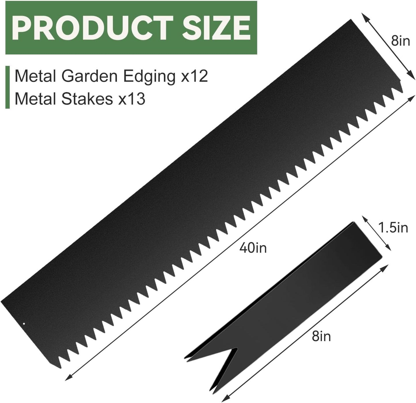 12Pack Landscape Edging Kit, 40" L x 8" H (40ft Total) Galvanized Steel Landscape Lawn Edging Powder for Lawn Yard, Coated Bendable Metal Strips, No-Dig Hammer-in Edging Border w/13Clips