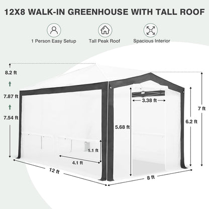 EAGLE PEAK 12x8 Portable Walk in Greenhouse with Polyester Reinforced Corners, Instant Pop up Indoor Outdoor Gardening Green House, Roll Up Zipper Entry Doors and Mesh Windows, Gray/White