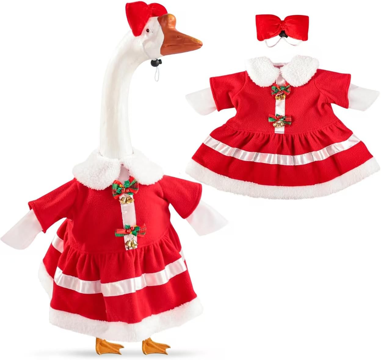 Christmas Mrs. Claus Porch Goose Outfit Dresses Clothes for 23" High Cement or Plastic Porch Goose Costume for Outdoor Patio Garden Statue Xmas Santa Holiday Decor