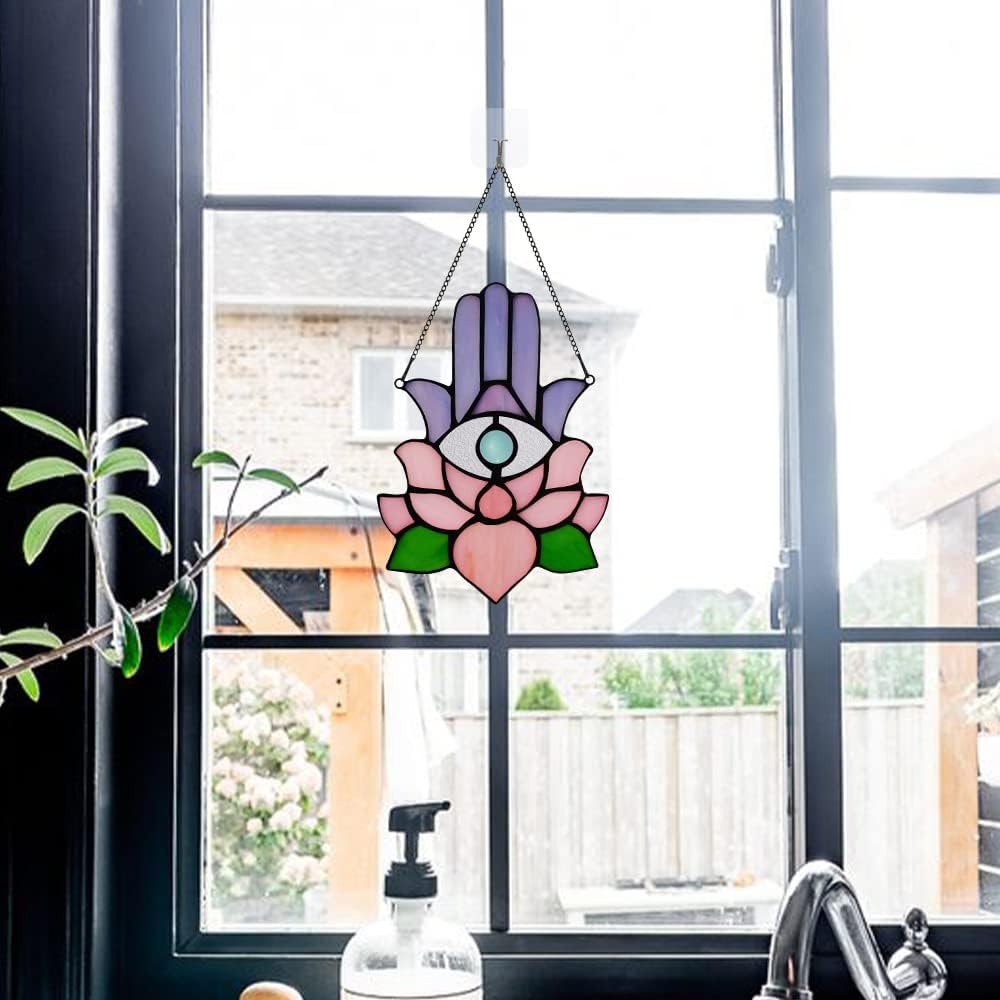 Hamsa Hand Decor Stained Glass Window Hangings,Lotus Flower Suncatchers for Windows Amulet Meditation Home Decor,Spiritual Gift for Women,Baptism Blessing Housewarming Gift