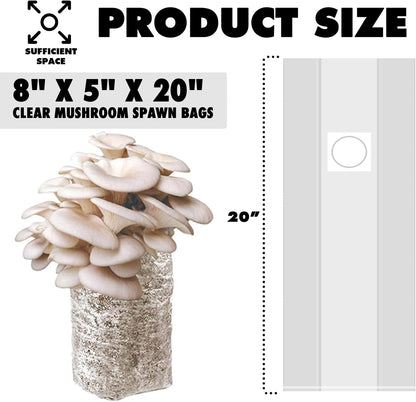 TonGass 100-Pack Large 8"x5"x20" Autoclavable Mushroom Grow Bags Bulk with Microporous Filter Patchs, Extra Thick 80 Micron (=3 Mil), Mushroom Cultivation Spawn Supply Myco Bag Bulk Substrate Bags