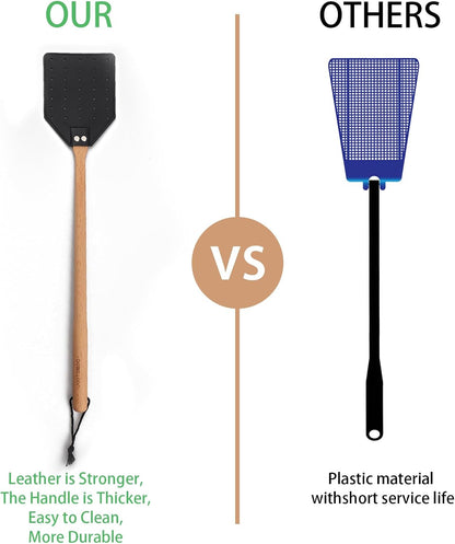 Indoor Leather Fly Swatter - 2 Pack Long Handle Heavy Duty Fly Swatter with Hanging Rope, Wood Fly Swatter Manual for Kitchen/Home Indoor and Outdoor Flies