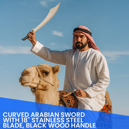 SZCO 25" Arabian Scimitar Machete – Full Tang Curved Arabian Sword with 18" Stainless Steel Blade, Black Wood Handle & Nylon Sheath – Real Sword for Adults, Camping & Display