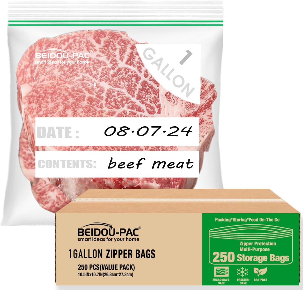 Gallon Food Storage Freezer Bags, 250 Count | Double Zipper | 10.5" * 10.7", Freshness Easy Open Reclosable Clear Plastic Bags