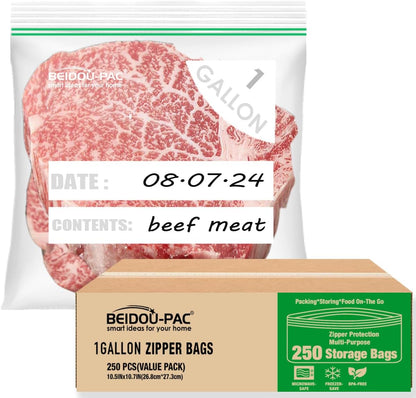 Gallon Food Storage Freezer Bags, 250 Count | Double Zipper | 10.5" * 10.7", Freshness Easy Open Reclosable Clear Plastic Bags