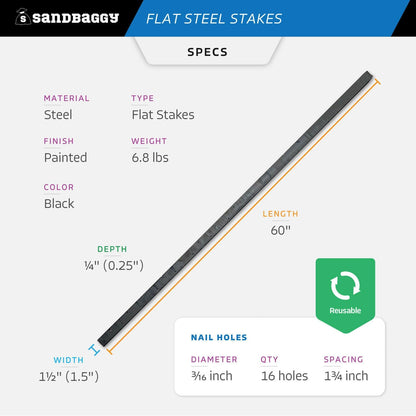 Sandbaggy Flat Steel Stakes for Concrete Forms with Nail Holes - 1.5" Wide - Painted - Removable, Reusable, V Point End - Construction Grade Stakes (10, 60 inch)