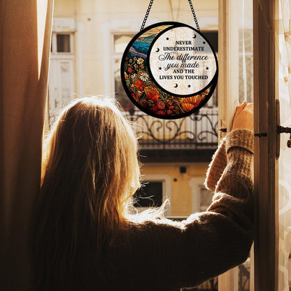 Flower Stained Glass Panel with Moon and Star, Floral Hanging Sun Catcher for Wall, Inspirational Quote Window Ornaments, Uplifting Quote Decor, Gifts for Boys Girls Christmas Housewarming, Birthday